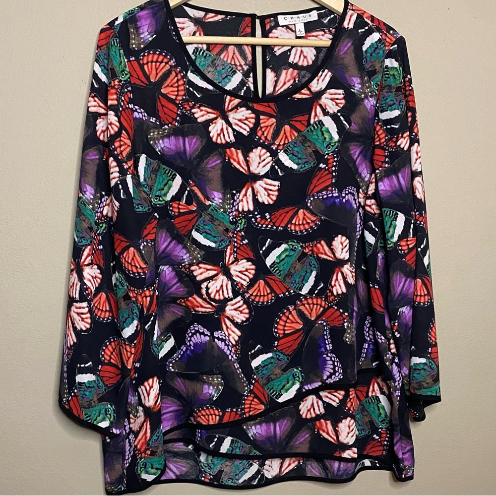 Chaus Art To Wear Blouse Women Large Purple Green Butterflies Tiered Layered
